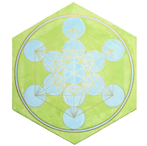 Metatrons Würfel: lindgrün-hellblau, hexagonaler Keilrahmen, 2011